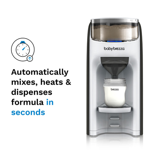 EN Baby Brezza Formula Pro Advanced with "Automatically mixes, heats, and dispenses" text and timer icon. - product thumbnail