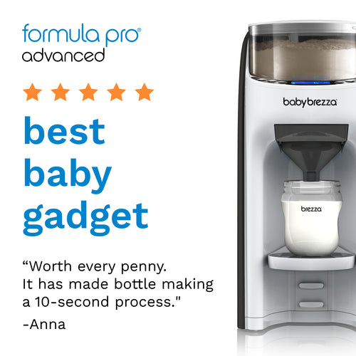 EN Baby Brezza Formula Pro Advanced with review "Worth every penny," 5-star rating, and "Best Baby Gadget" text. - product thumbnail