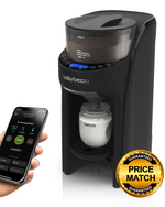 EN A black Baby Brezza formula dispenser with a smartphone showing the companion app interface. A price match guarantee seal is also visible. - product thumbnail