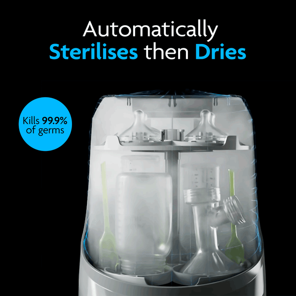 Baby Brezza Bottle Washer Pro displaying sterilizing and Drying function with steam. - product thumbnail