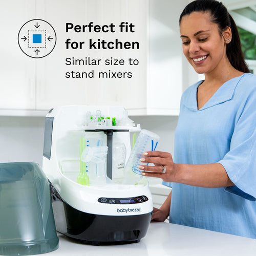 Baby Brezza Bottle Washer Pro open, displaying size in kitchen.  - product thumbnail