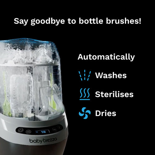 Baby Brezza Bottle Washer Pro displaying automatically wash, sterilize, dry function.  - product thumbnail