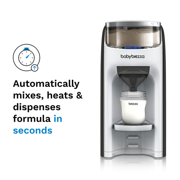 Baby Brezza Formula Pro Advanced with "Automatically mixes, heats, and dispenses" text and timer icon. - product thumbnail