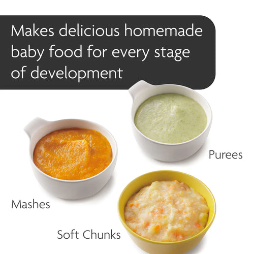 One Step Food Maker showcasing different types of purees, including fruit, vegetable, and mixed options, emphasizing its versatility for baby meals. - product thumbnail