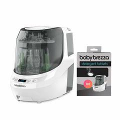 All White Baby Brezza Bottle Washer Pro with a 120-tablet detergent pack